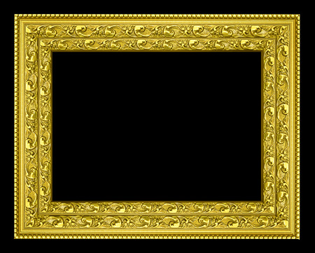 Gold vintage picture and photo frame isolated on black backgroundの写真素材