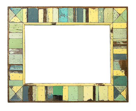 colorful wooden picture frame isolated on white backgroundの写真素材