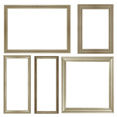 collection of vintage silver and wood picture frame, isolated on whiteの写真素材