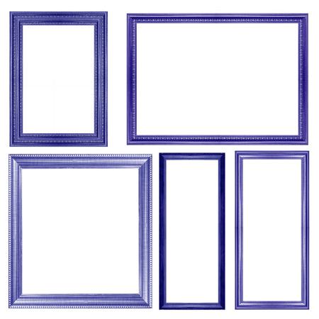 collection of vintage blue and wood picture frame, isolated on whiteの写真素材