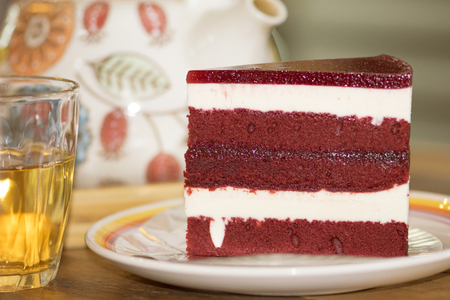 Red velvet cake with teaの写真素材