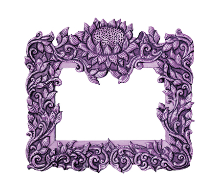 purple vintage picture and photo frame isolated on white backgroundの写真素材