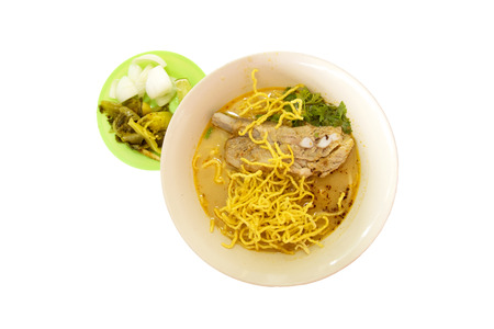 Khao Soi Recipe, Thailand Northern Style Curried Noodle Soup with pork.の写真素材