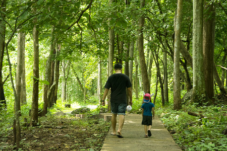 father and son walkway in summer park together.の写真素材