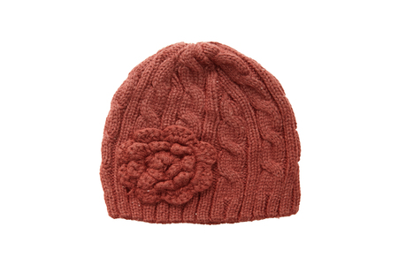 Warm Winter Brown knitted wool hat isolated on white backgroundの写真素材