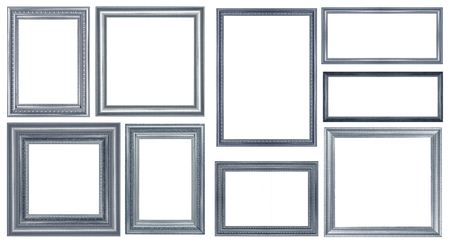collection of vintage blue and wood picture frame, isolated on whiteの写真素材