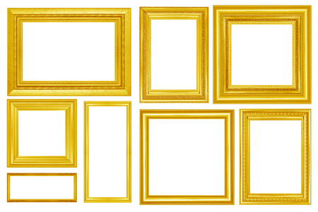 collection of Gold vintage picture and photo frame isolated on white backgroundの写真素材