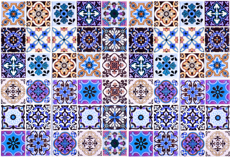 Vintage ceramic tiles wall decoration.Turkish ceramic tiles wall backgroundの写真素材