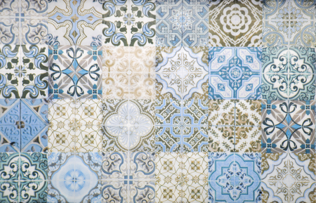Vintage ceramic tiles wall decoration.Turkish ceramic tiles wall backgroundの写真素材