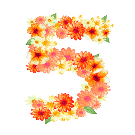number design with colorful flowers on white backgroundの写真素材