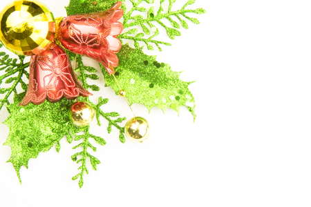 Red Christmas and New Year Decoration isolated on white background. Border art design with holiday baubles. Space for your textの写真素材