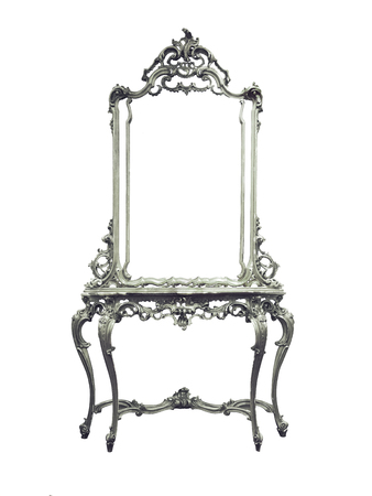 Silver Vintage antique Dressing Table with frame Mirror isolated on white backgroundの写真素材