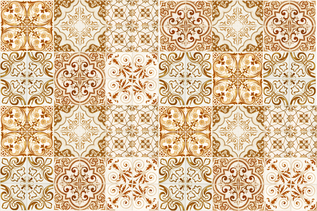 Vintage ceramic tiles wall decoration.Turkish ceramic tiles wall backgroundの写真素材