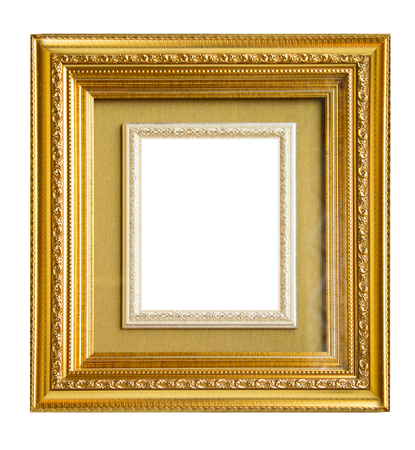 Gold vintage picture and photo frame isolated on white backgroundの写真素材