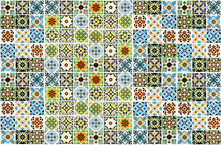 Colorful vintage ceramic tiles wall decoration.Turkish ceramic tiles wall backgroundの写真素材
