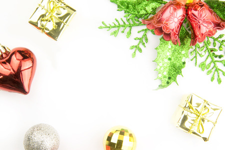 Christmas Decoration isolated on white background. Border art design with holiday baubles. Space for your textの写真素材