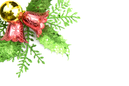Christmas Decoration isolated on white background. Border art design with holiday baubles. Space for your textの写真素材