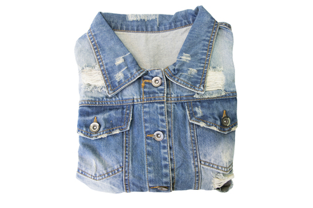 Blue jacket jean folded isolated on white background. Top view.の写真素材