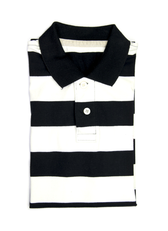 Top view of white and black stripe polo shirt on a white backgroundの写真素材