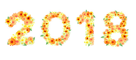 Year 2018, number design with colorful flowers on white background