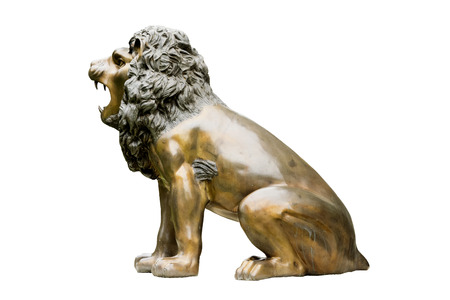 Brass metallic sculpture of Lion isolated on white backgroundの写真素材