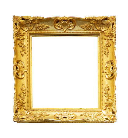 Gold vintage picture and photo frame isolated on white backgroundの写真素材