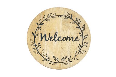 wooden round sign with the words welcome, isolatedの写真素材