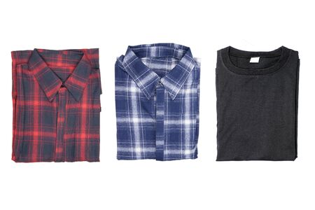 Top view of red and blue checkered shirt folded isolated on white backgroundの写真素材