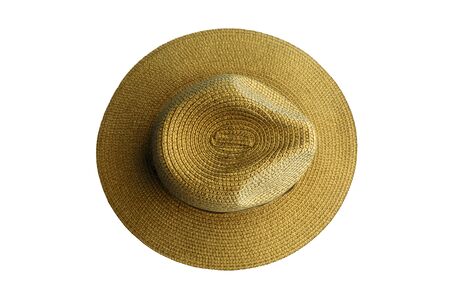 Top view vintage pretty straw hat isolated on white backgroundの写真素材
