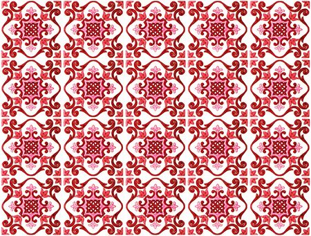 Colorful vintage ceramic tiles wall decoration.Turkish red ceramic tiles wall backgroundの写真素材