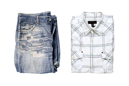Top view of shirt and Old jeans on a white backgroundの写真素材