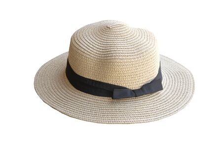 Vintage pretty straw hat isolated on white background. Beside view.の写真素材