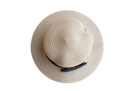 Top view vintage pretty straw hat isolated on white backgroundの写真素材