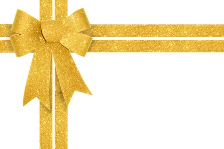 Shiny Gold Gift Bow with Ribbon isolated on white background.の写真素材