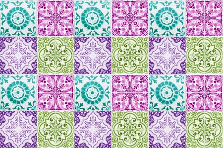 Vintage ceramic tiles wall decoration.Turkish ceramic tiles wall backgroundの写真素材