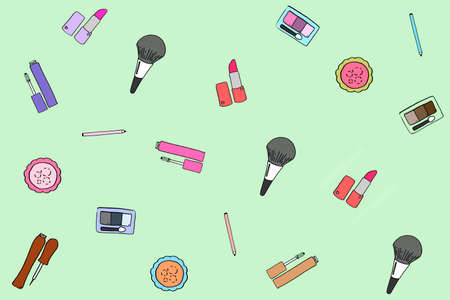 Vintage pattern with cosmetic icons. Beauty makeup hand drawn icon doodle illustration.の写真素材