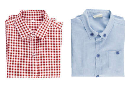Top view of blue and red checkered shirt  folded isolated on white backgroundの写真素材