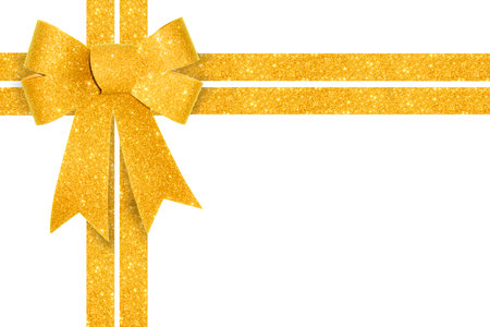 Shiny Gold Gift Bow with Ribbon isolated on white background.の写真素材