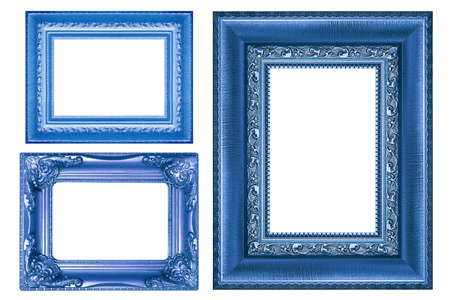 set of vintage  blue and wood picture frame isolated on white.の写真素材