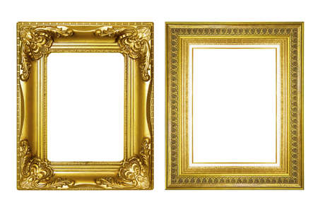 collection of vintage gold and wood picture frame, isolated on whiteの写真素材