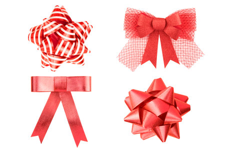 collection of red ribbon bows isolated on white background.の写真素材