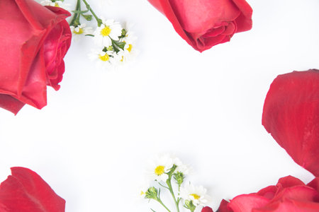 red rose and composition flowers . Border flowers. Flat lay, top viewの写真素材
