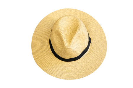 Top view vintage pretty straw hat isolated on white backgroundの写真素材