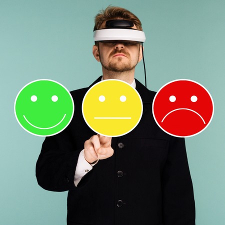 Business man in virtual glasses giving rating and review feedback to survey, poll or questionnaire...