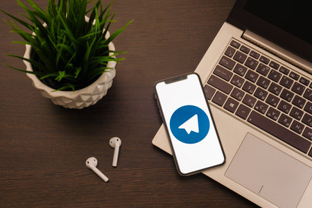 Tula, Russia - May 24,2019: Apple iPhone X with Telegram logo on the screen. - Imageのeditorial素材