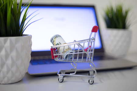 Online shopping concept. A cart with money is on the keyboard of a laptop. - imageの写真素材