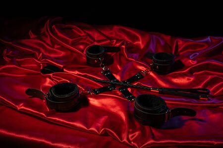 Top view of bdsm outfit. Bondage and spank on the red linen. Adult sex games. Kinky lifestyle. - imageの写真素材