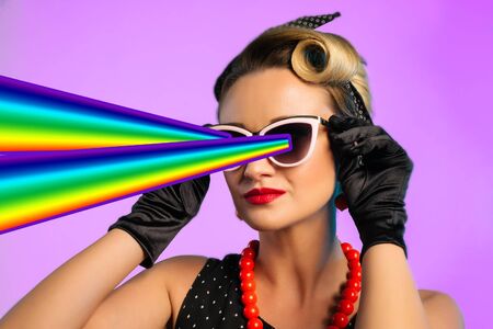 Fashion pin up woman with rainbow lasers from eyes. Minimal collage art. - imageの写真素材