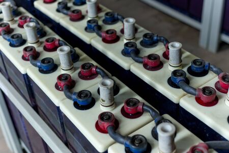 Powerful rechargeable battery forklift. On the surface of the battery is an electrical connector. - imageの写真素材