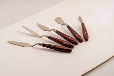 Five art palette knives lie on a white art canvas.の写真素材